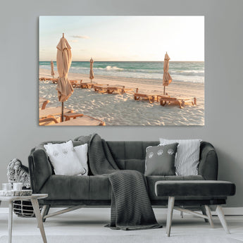 58507949-MGV-CV-36X24-Beach Umbrellas Wall Art Canvas Print, Framed Empty Loungers Art Picture Print, Soft Sand Perfect Minimalist Seaside Decor Artwork