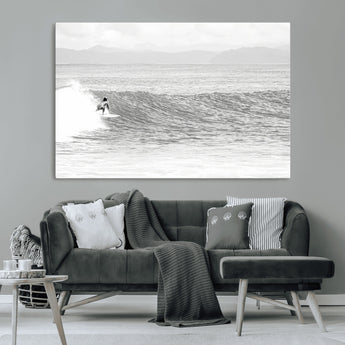81535128-MGV-CV-36X24-Surfer Woman Wall Art Canvas Print, Framed Black Ocean Art Picture Print, Ocean Surfing Perfect Monochrome Coastal Decor Artwork