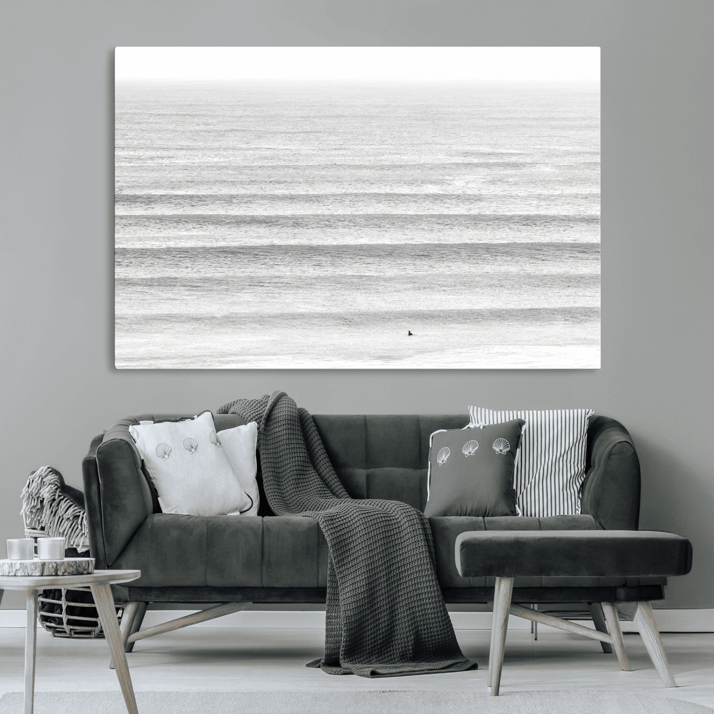 66534476-MGV-CV-36X24-Lone Surfer Wall Art Canvas Print, Framed Ocean Waves Art Picture Print, Minimal Sea Perfect Minimal Coastal Decor Artwork