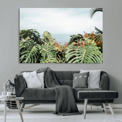 45700479-MGV-CV-36X24-Monstera Leaves Wall Art Canvas Print, Framed Tropical Ocean Art Picture Print, Tropical Foliage Perfect Tropical Coastal Jungle