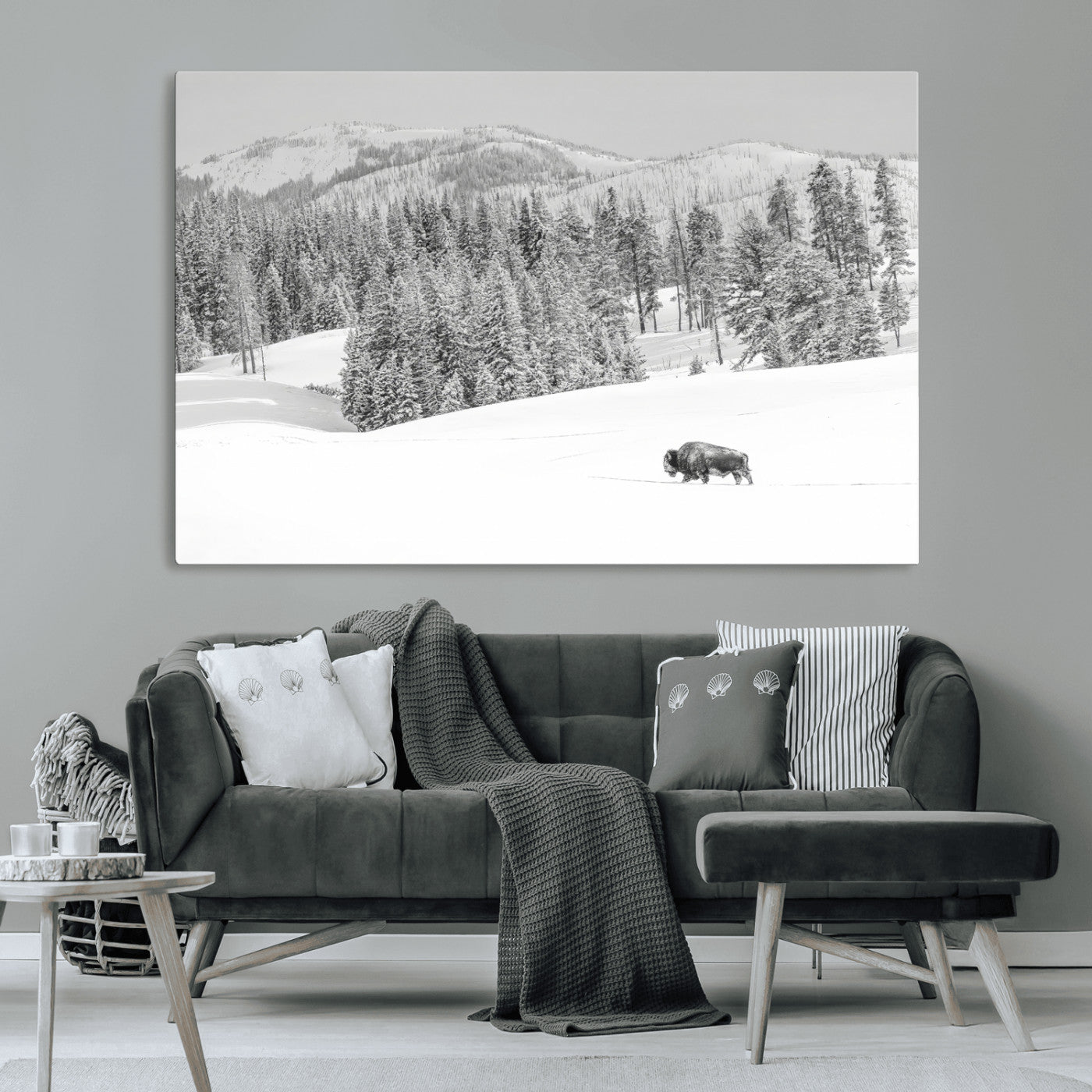 68081143-MGV-CV-36X24-Snowy Bison Wall Art Canvas Print, Framed Winter Forest Art Picture Print, Lone Bison Perfect Monochrome Winter Wild Decor Artwork