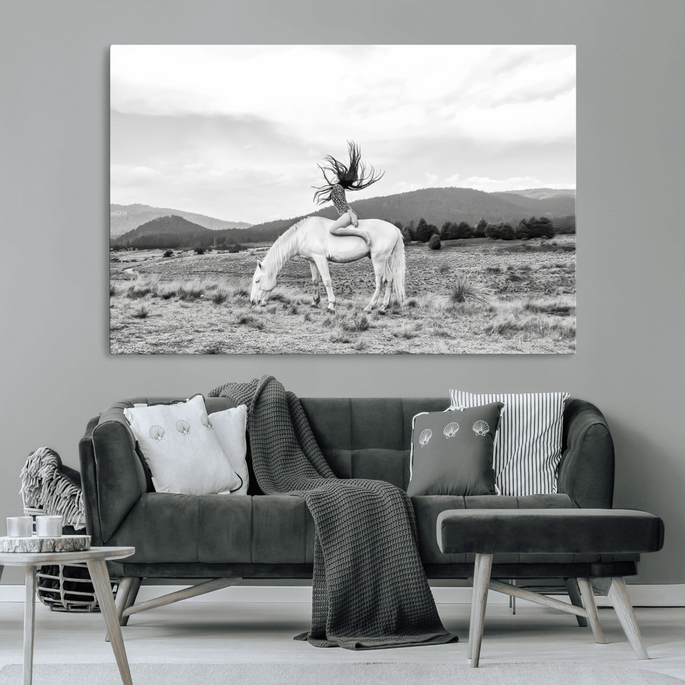 62789800-MGV-CV-36X24-White Horse Wall Art Canvas Print, Framed Woman Rider Art Picture Print, Equestrian Pose Perfect Western Boho Decor Artwork