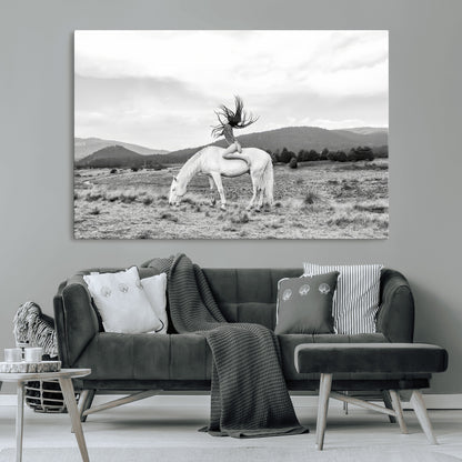 62789800-MGV-CV-36X24-White Horse Wall Art Canvas Print, Framed Woman Rider Art Picture Print, Equestrian Pose Perfect Western Boho Decor Artwork