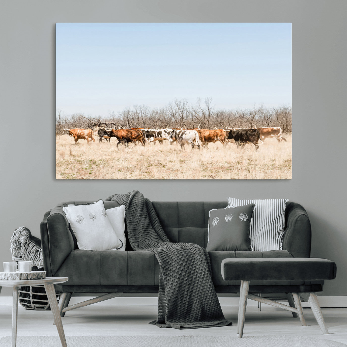 16563092-MGV-CV-36X24-Texas Longhorns Wall Art Canvas Print, Framed Western Cattles Art Picture Print, Rustic Herd Perfect Rustic Farmhouse Decor