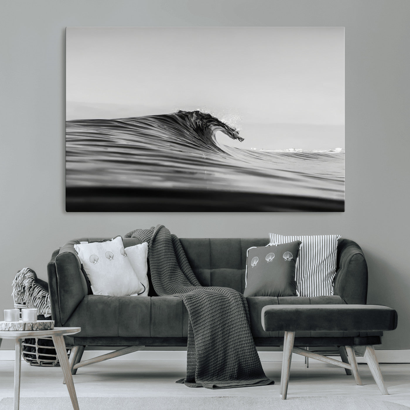 24029476-MGV-CV-36X24-Black Wave Wall Art Canvas Print, Framed Abstract Surf Art Picture Print, Minimalist Ocean Perfect Minimalist Coastal Decor