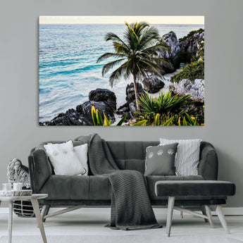 94669907-MGV-CV-36X24-Tropical Coastline Wall Art Canvas Print, Framed Palm Tree Art Picture Print, Rocky Beach Perfect Tropical Coastal Decor Artwork