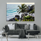 94669907-MGV-CV-36X24-Tropical Coastline Wall Art Canvas Print, Framed Palm Tree Art Picture Print, Rocky Beach Perfect Tropical Coastal Decor Artwork