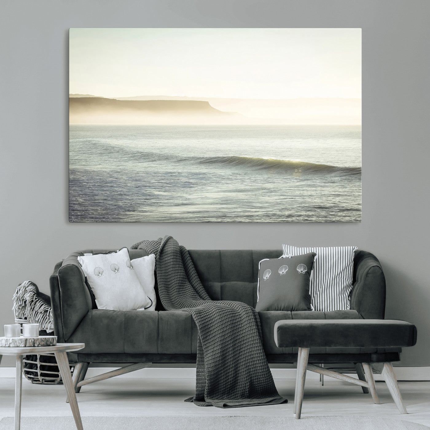 39310633-MGV-CV-36X24-Coastal Cliffs Wall Art Canvas Print, Framed Misty Ocean Art Picture Print, Morning Light Perfect Minimalistic Coastal Decor