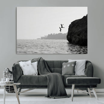 52284302-MGV-CV-36X24-Cliff Jumping Wall Art Canvas Print, Framed Ocean Adventure Art Picture Print, Black White Coast Perfect Modern Coastal Decor