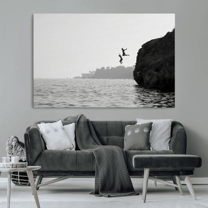 52284302-MGV-CV-36X24-Cliff Jumping Wall Art Canvas Print, Framed Ocean Adventure Art Picture Print, Black White Coast Perfect Modern Coastal Decor