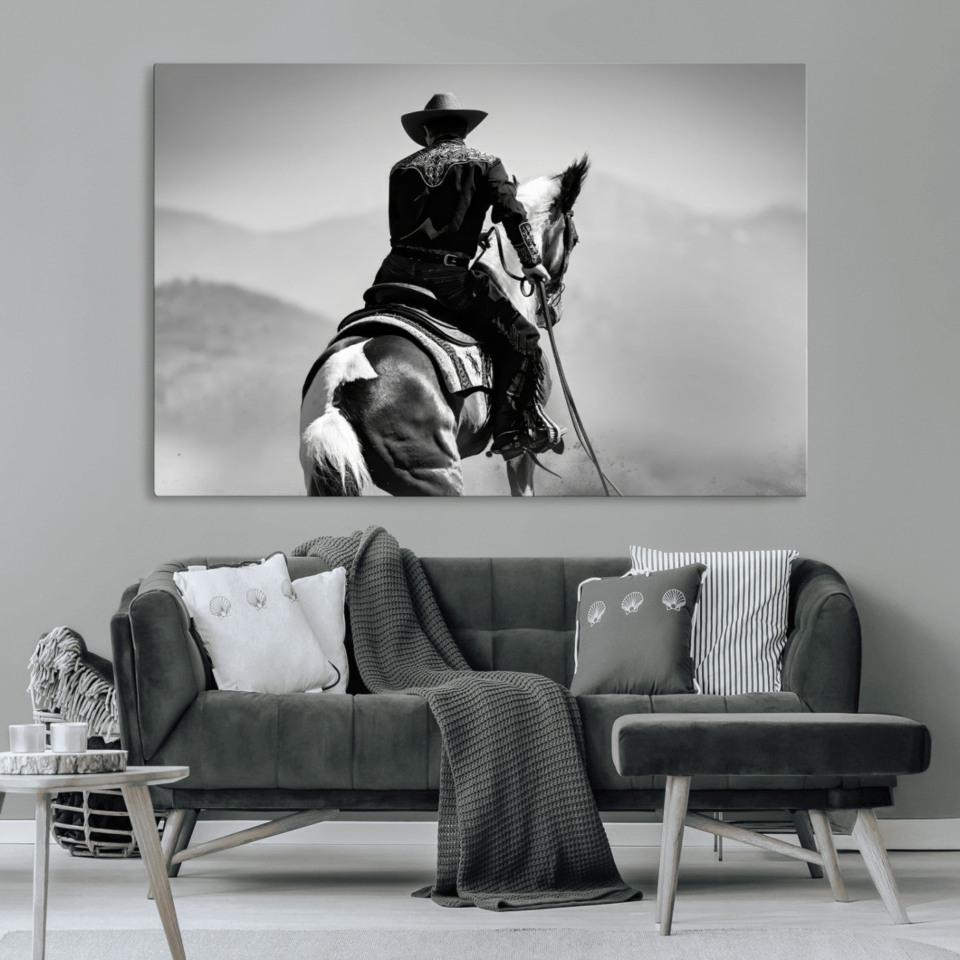 83102464-MGV-CV-36X24-Western Cowboy Wall Art Canvas Print, Framed Monochrome Horse Art Picture Print, Western Equestrian Perfect Rustic Western Decor