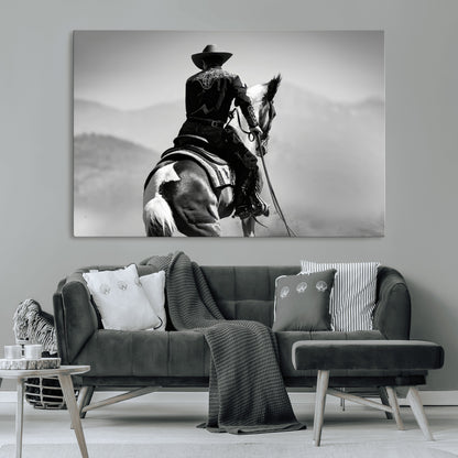 83102464-MGV-CV-36X24-Western Cowboy Wall Art Canvas Print, Framed Monochrome Horse Art Picture Print, Western Equestrian Perfect Rustic Western Decor
