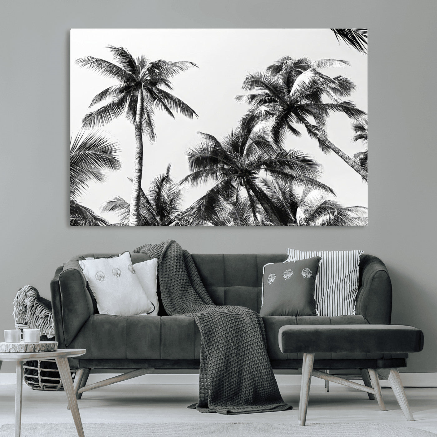 46641801-MGV-CV-36X24-Palm Tree Wall Art Canvas Print, Framed Black White Tropics Art Picture Print, Monochrome Palms Perfect Modern Tropical Minimalist