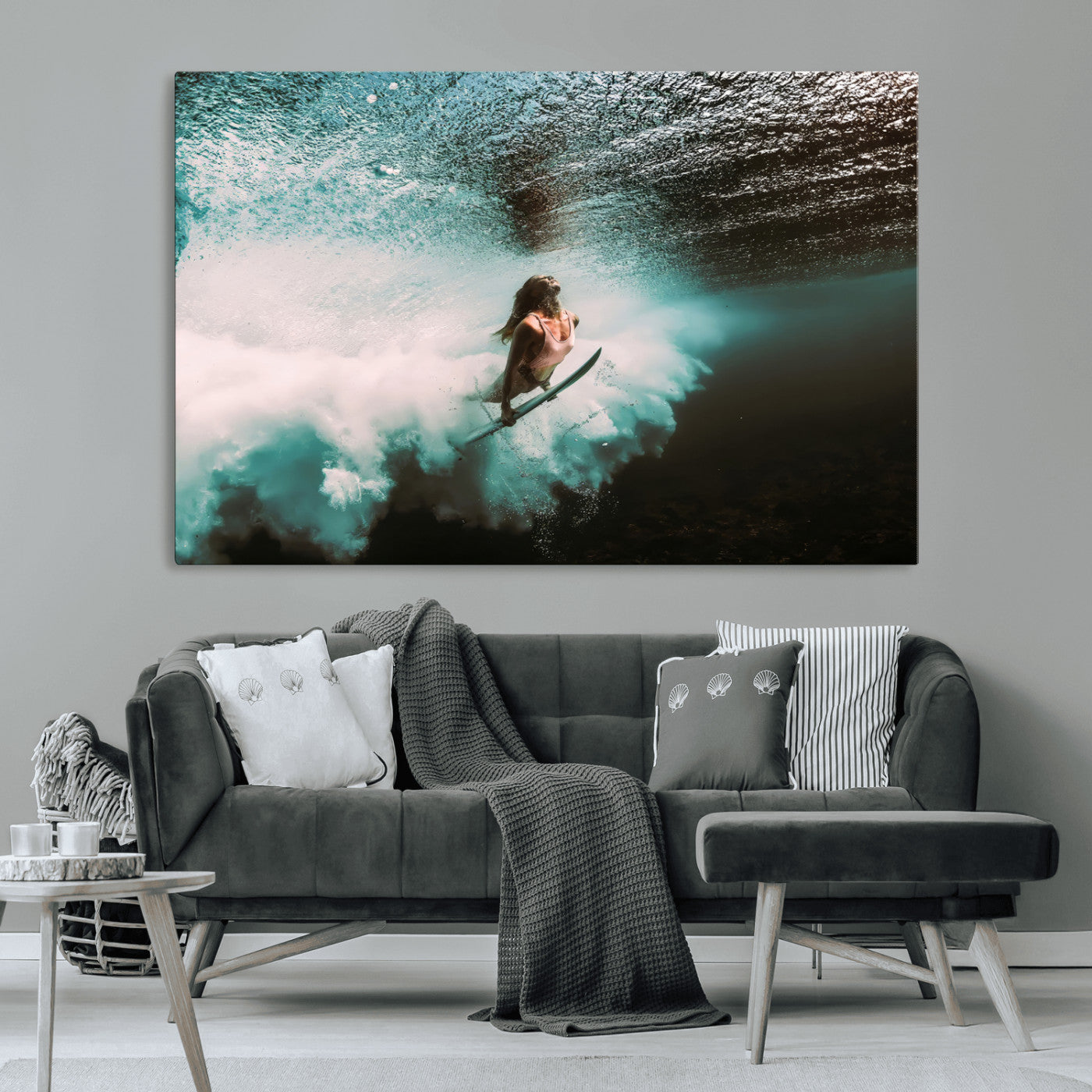 85923512-MGV-CV-36X24-Aquatic Motion Wall Art Canvas Print, Framed Underwater Swimming Art Picture Print, Female Surfer Diving Perfect Coastal Boho