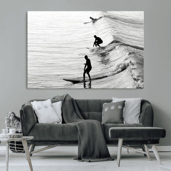 19875284-MGV-CV-36X24-Surfer Waves Wall Art Canvas Print, Framed Black White Surf Art Picture Print, Monochrome Ocean Perfect Modern Coastal Decor