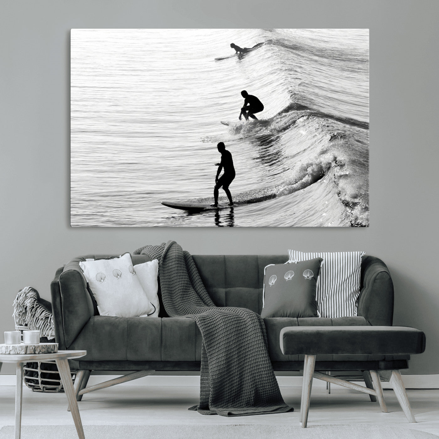 19875284-MGV-CV-36X24-Surfer Waves Wall Art Canvas Print, Framed Black White Surf Art Picture Print, Monochrome Ocean Perfect Modern Coastal Decor