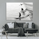 19875284-MGV-CV-36X24-Surfer Waves Wall Art Canvas Print, Framed Black White Surf Art Picture Print, Monochrome Ocean Perfect Modern Coastal Decor