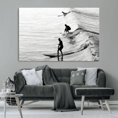 19875284-MGV-CV-36X24-Surfer Waves Wall Art Canvas Print, Framed Black White Surf Art Picture Print, Monochrome Ocean Perfect Modern Coastal Decor