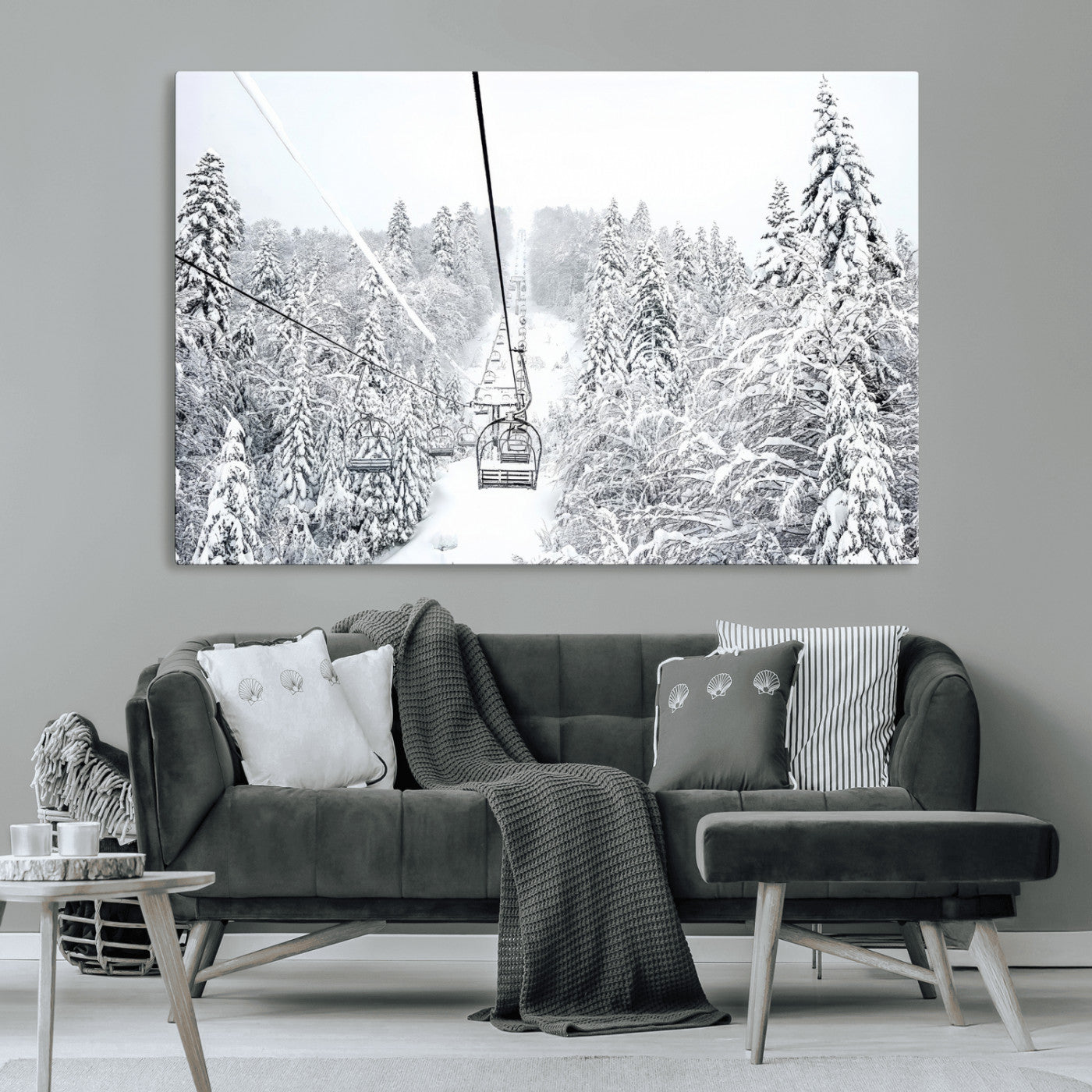 44705668-MGV-CV-36X24-Winter Forest Wall Art Canvas Print, Framed Snowy Forest Art Picture Print, Ski Lift Perfect Scandinavian Decor Artwork