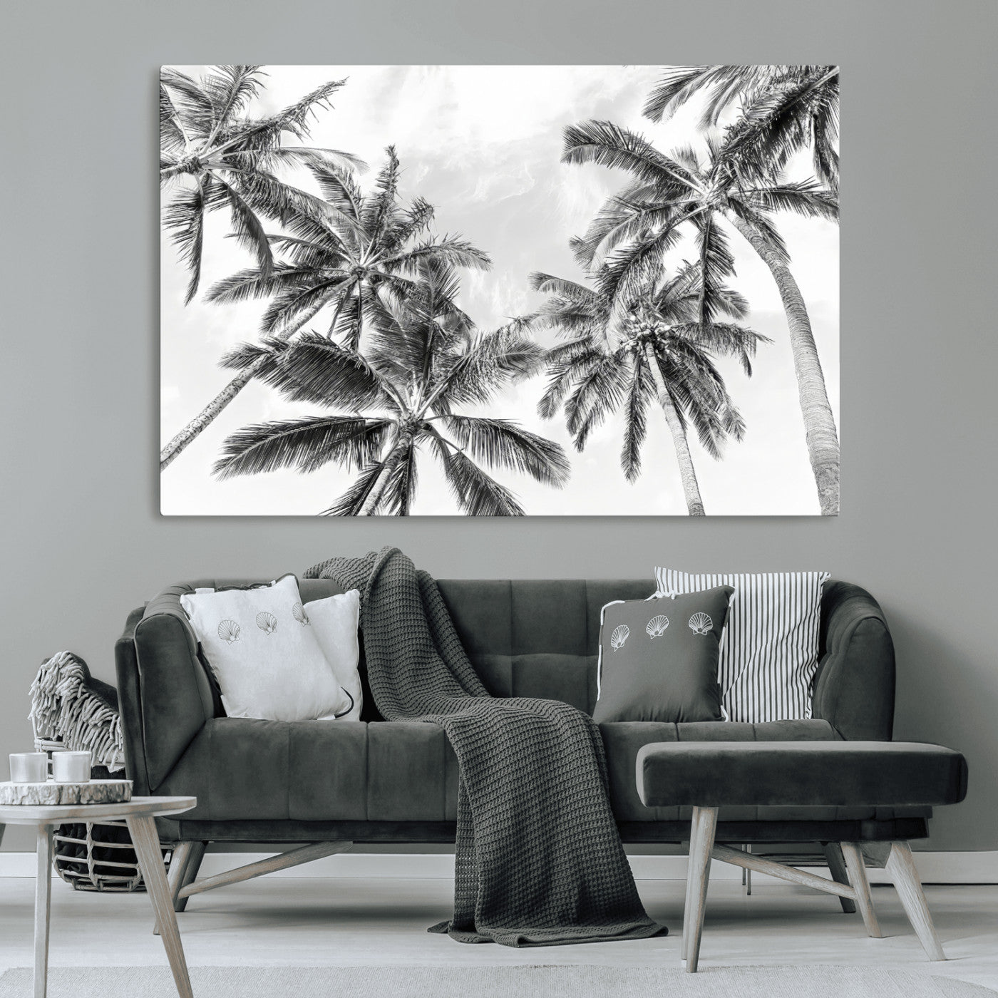 62113786-MGV-CV-36X24-Black White Palm Wall Art Canvas Print, Framed Monochrome Tropics Art Picture Print, Minimalist Beach Perfect Coastal Minimalist