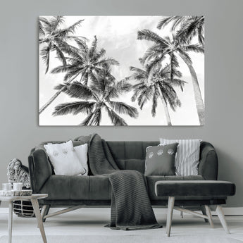 62113786-MGV-CV-36X24-Black White Palm Wall Art Canvas Print, Framed Monochrome Tropics Art Picture Print, Minimalist Beach Perfect Coastal Minimalist