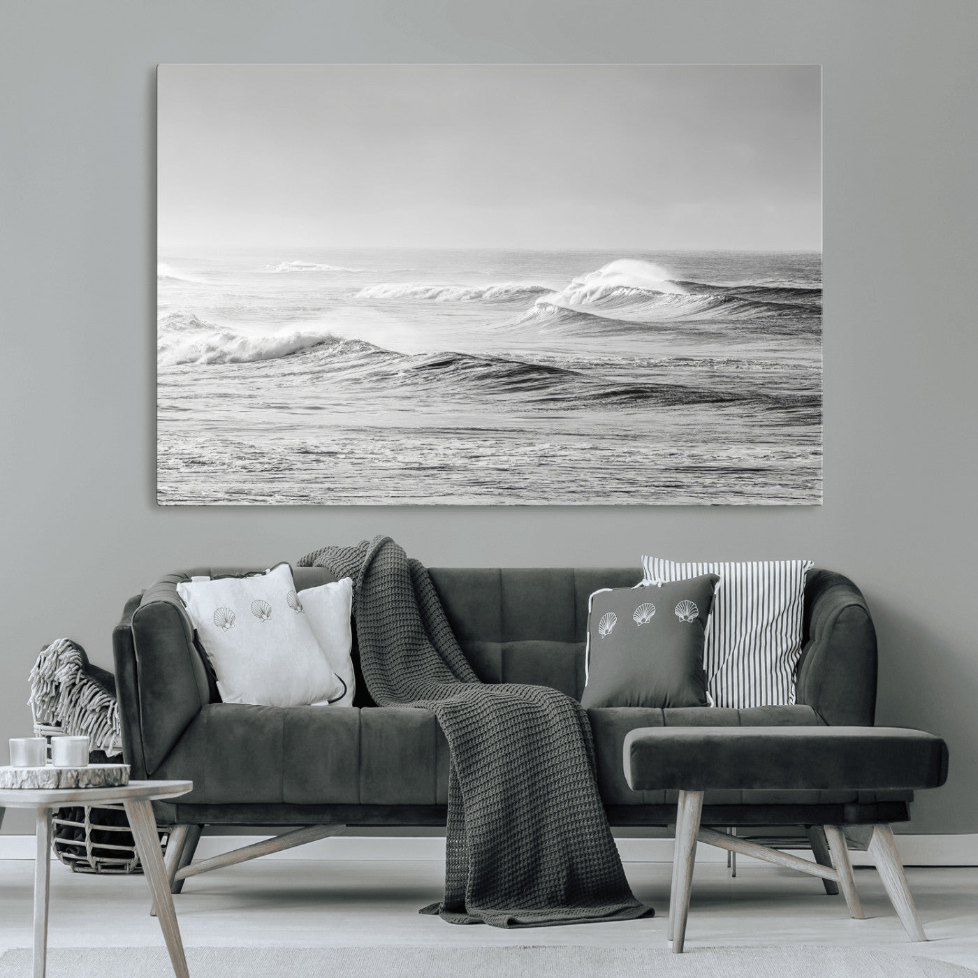 98634812-MGV-CV-36X24-Black and White Ocean Waves Wall Art – Minimalist Sea Canvas Print, Coastal Photography Decor for Living Room, Bedroom or Office