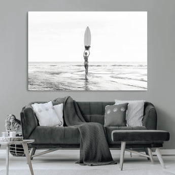 98446901-MGV-CV-36X24-Monochrome Surf Wall Art Canvas Print, Framed Minimalist Surfer Art Picture Print, Surfboard Silhouette Perfect Coastal Minimalist