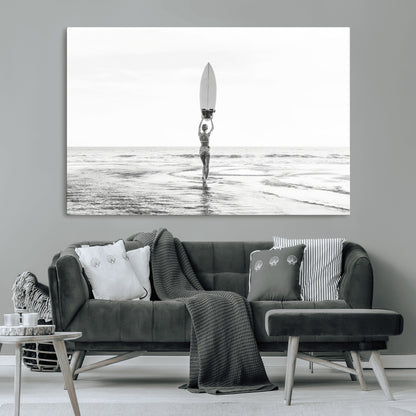 98446901-MGV-CV-36X24-Monochrome Surf Wall Art Canvas Print, Framed Minimalist Surfer Art Picture Print, Surfboard Silhouette Perfect Coastal Minimalist