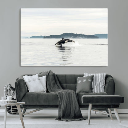 10157174-MGV-CV-36X24-Orca Whale Wall Art Canvas Print, Framed Black White Whale Art Picture Print, Minimalist Ocean Perfect Coastal Minimalist Decor