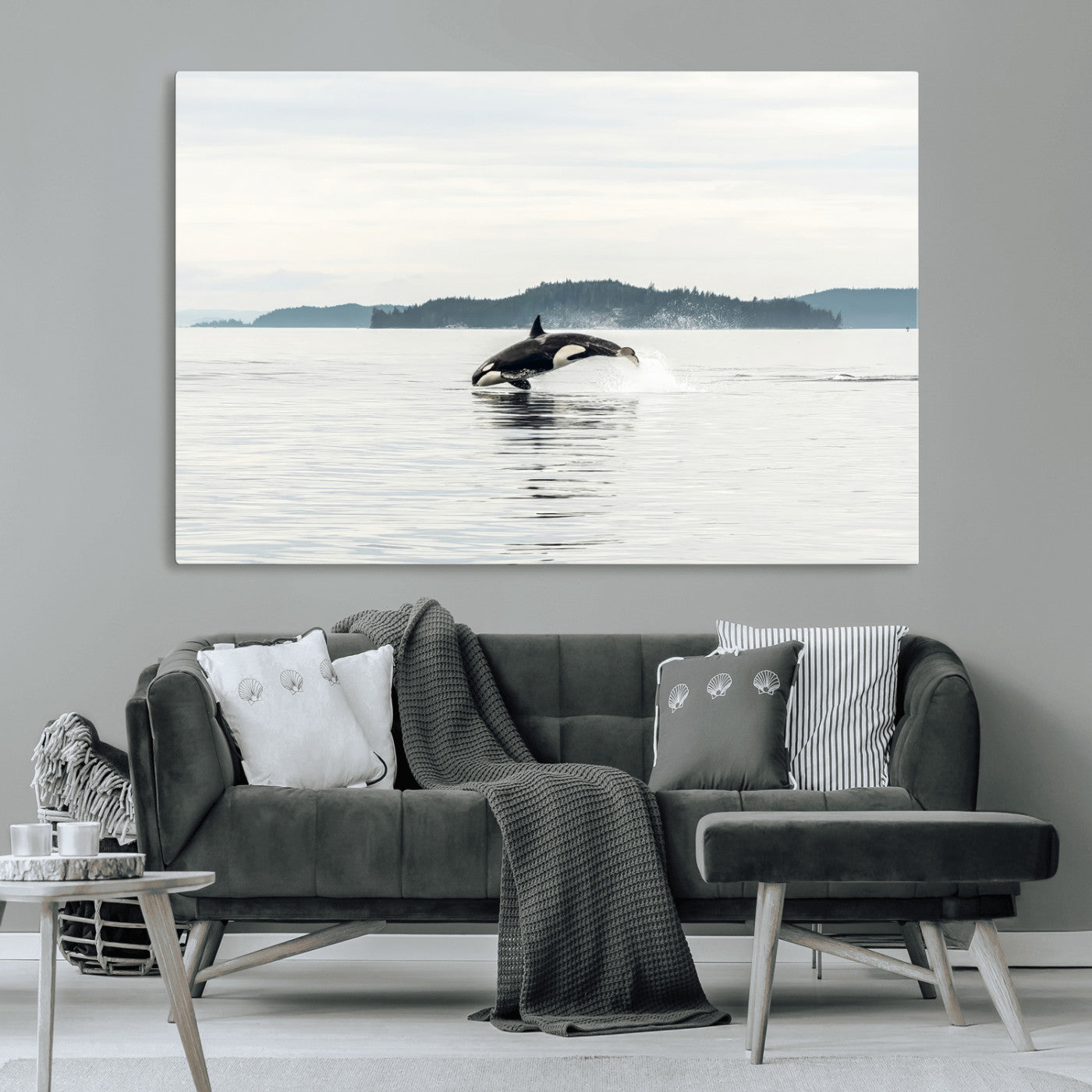 10157174-MGV-CV-36X24-Orca Whale Wall Art Canvas Print, Framed Black White Whale Art Picture Print, Minimalist Ocean Perfect Coastal Minimalist Decor