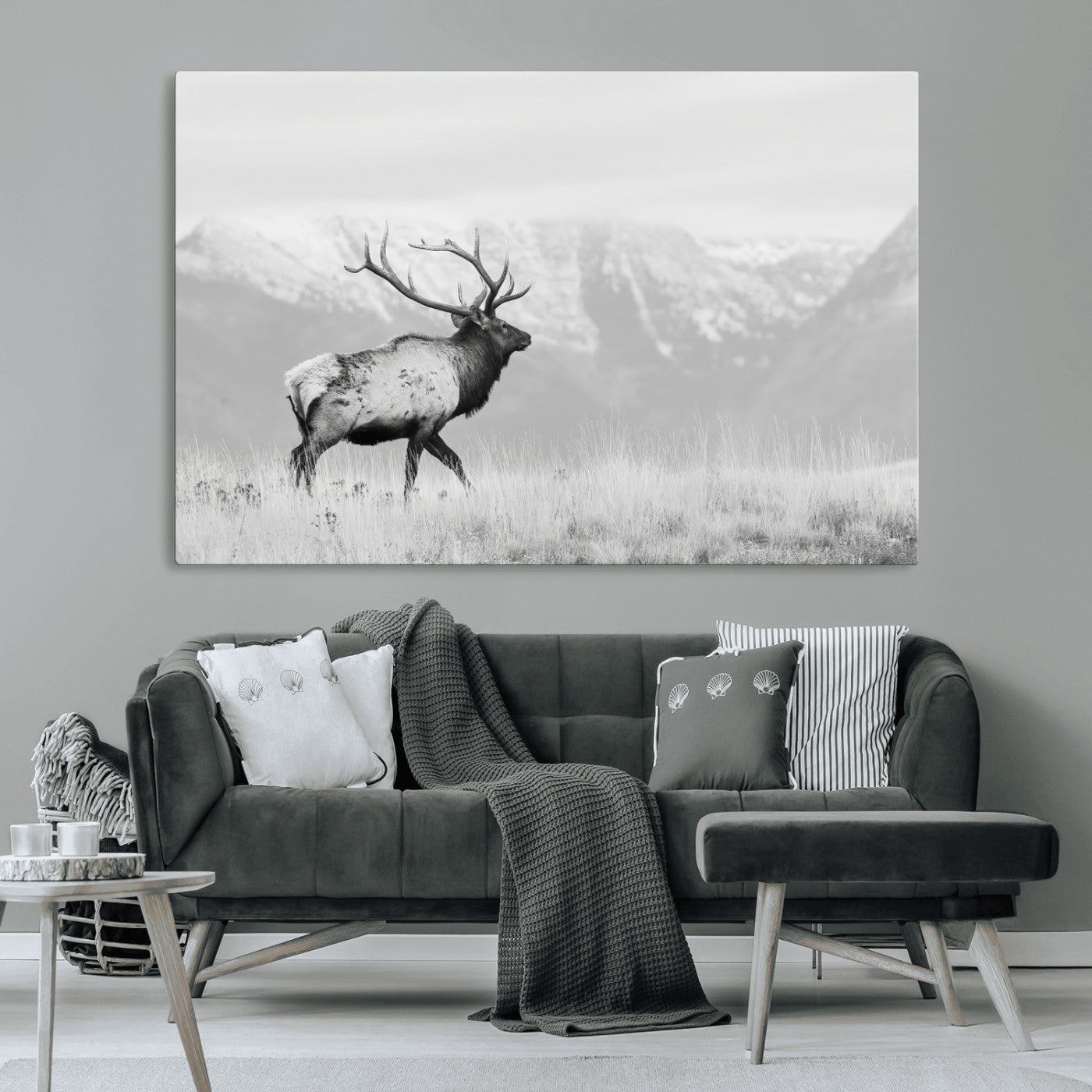62278753-MGV-CV-36X24-Monochrome Elk Wall Art Canvas Print, Framed Mountain Wildlife Art Picture Print, Rustic Nature Perfect Rustic Minimalist Decor
