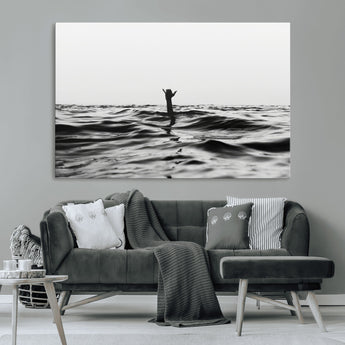 69541918-MGV-CV-36X24-Black White Ocean Wall Art Canvas Print, Framed Moody Seascape Art Picture Print, Surfer Sign Perfect Moody Minimalist Decor