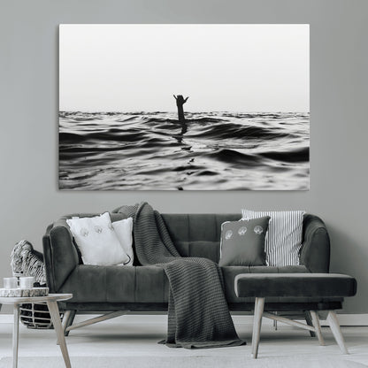 69541918-MGV-CV-36X24-Black White Ocean Wall Art Canvas Print, Framed Moody Seascape Art Picture Print, Surfer Sign Perfect Moody Minimalist Decor