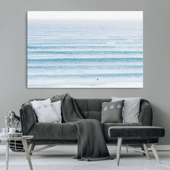 77145995-MGV-CV-36X24-Ocean Simplicity Wall Art Canvas Print, Framed Surfer on Water Art Picture Print, Light Blue Perfect Coastal Minimalist Decor