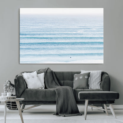 77145995-MGV-CV-36X24-Ocean Simplicity Wall Art Canvas Print, Framed Surfer on Water Art Picture Print, Light Blue Perfect Coastal Minimalist Decor