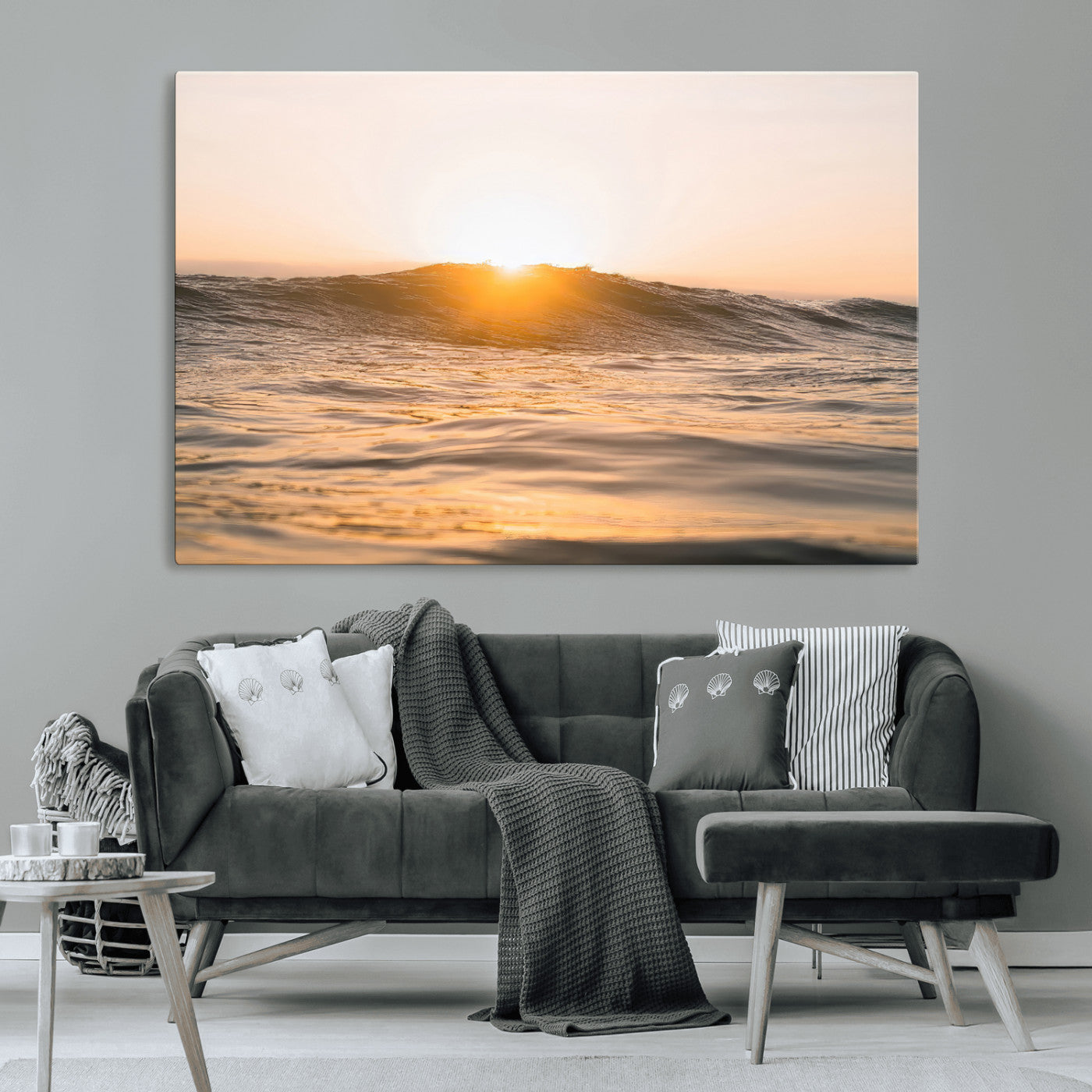 16973771-MGV-CV-36X24-Calm Water Wall Art Canvas Print, Framed Sunset Waves Art Picture Print, Coastal Warmth Perfect Warm Minimalist Decor Artwork