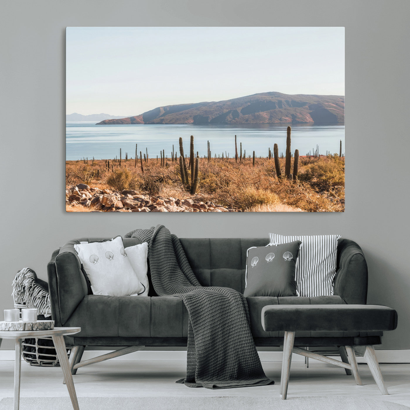 45193515-MGV-CV-36X24-Desert Cactus Wall Art Canvas Print, Framed Baja Coastline Art Picture Print, Coastal Desert Perfect Southwestern Minimalist Decor