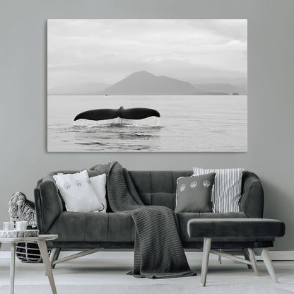 30524220-MGV-CV-36X24-Whale Tail Wall Art Canvas Print, Framed Black White Ocean Art Picture Print, Calm Marine Perfect Minimalist Coastal Decor Artwork