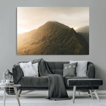 42338636-MGV-CV-36X24-Golden Mountain Wall Art Canvas Print, Framed Misty Summit Art Picture Print, Rugged Landscape Perfect Moody Wilderness Decor