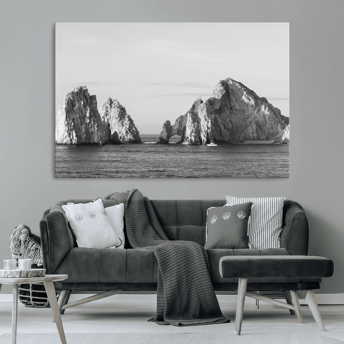 18810731-MGV-CV-36X24-Rugged Coastline Wall Art Canvas Print, Framed Ocean Cliffs Art Picture Print, Monochrome Seascape Perfect Coastal Minimalist