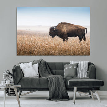 99620201-MGV-CV-36X24-Wild Bison Wall Art Canvas Print, Framed Bison in Prairie Art Picture Print, Rustic Western Perfect Rustic Western Decor Artwork