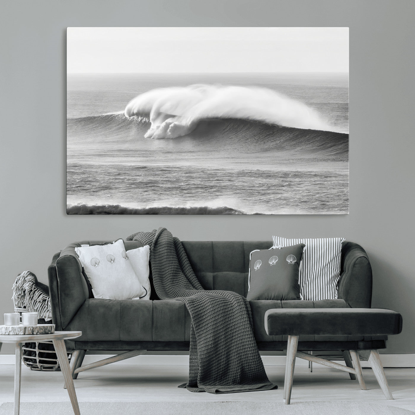 42544082-MGV-CV-36X24-Monochrome Seascape Wall Art Canvas Print, Framed Surf Wave Art Picture Print, Minimalist Ocean Perfect Moody Coastal Decor