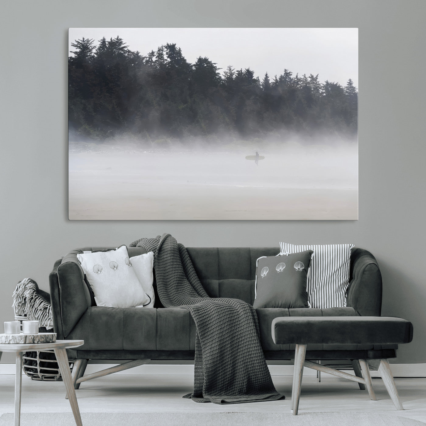 59703275-MGV-CV-36X24-Surfer in Fog Wall Art Canvas Print, Framed Foggy Beach Art Picture Print, Coastal Surf Perfect Moody Coastal Decor Artwork