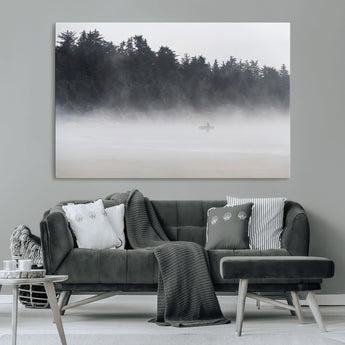 59703275-MGV-CV-36X24-Surfer in Fog Wall Art Canvas Print, Framed Foggy Beach Art Picture Print, Coastal Surf Perfect Moody Coastal Decor Artwork