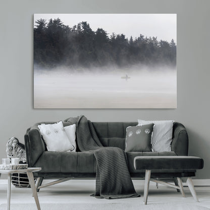 59703275-MGV-CV-36X24-Surfer in Fog Wall Art Canvas Print, Framed Foggy Beach Art Picture Print, Coastal Surf Perfect Moody Coastal Decor Artwork