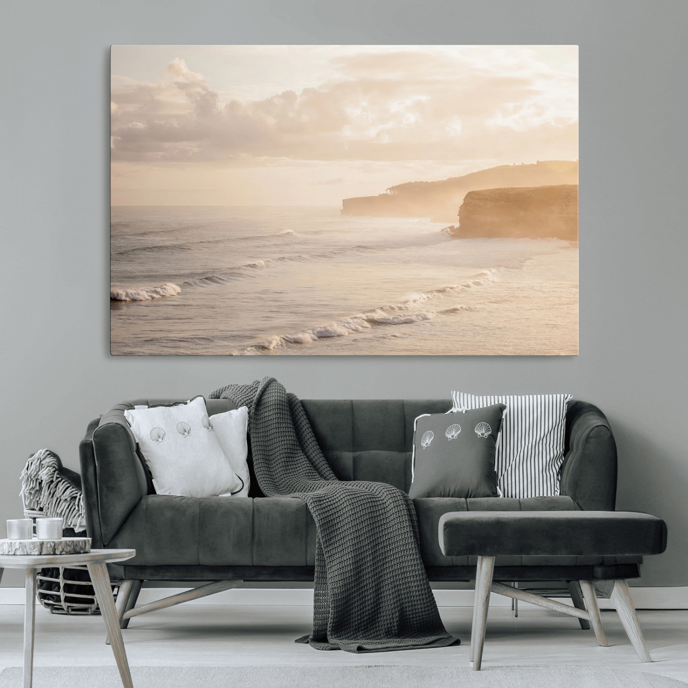 57669769-MGV-CV-36X24-Misty Coastal Wall Art Canvas Print, Framed Golden Sunset Art Picture Print, Serene Shoreline Perfect Tranquil Coastal Decor