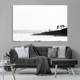 40875891-MGV-CV-36X24-SurferCliffs Wall Art Canvas Print, Framed Black White Beach Art Picture Print, Ocean Waves Perfect Minimalist Coastal Decor