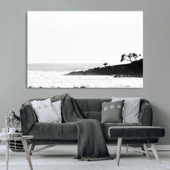 40875891-MGV-CV-36X24-SurferCliffs Wall Art Canvas Print, Framed Black White Beach Art Picture Print, Ocean Waves Perfect Minimalist Coastal Decor
