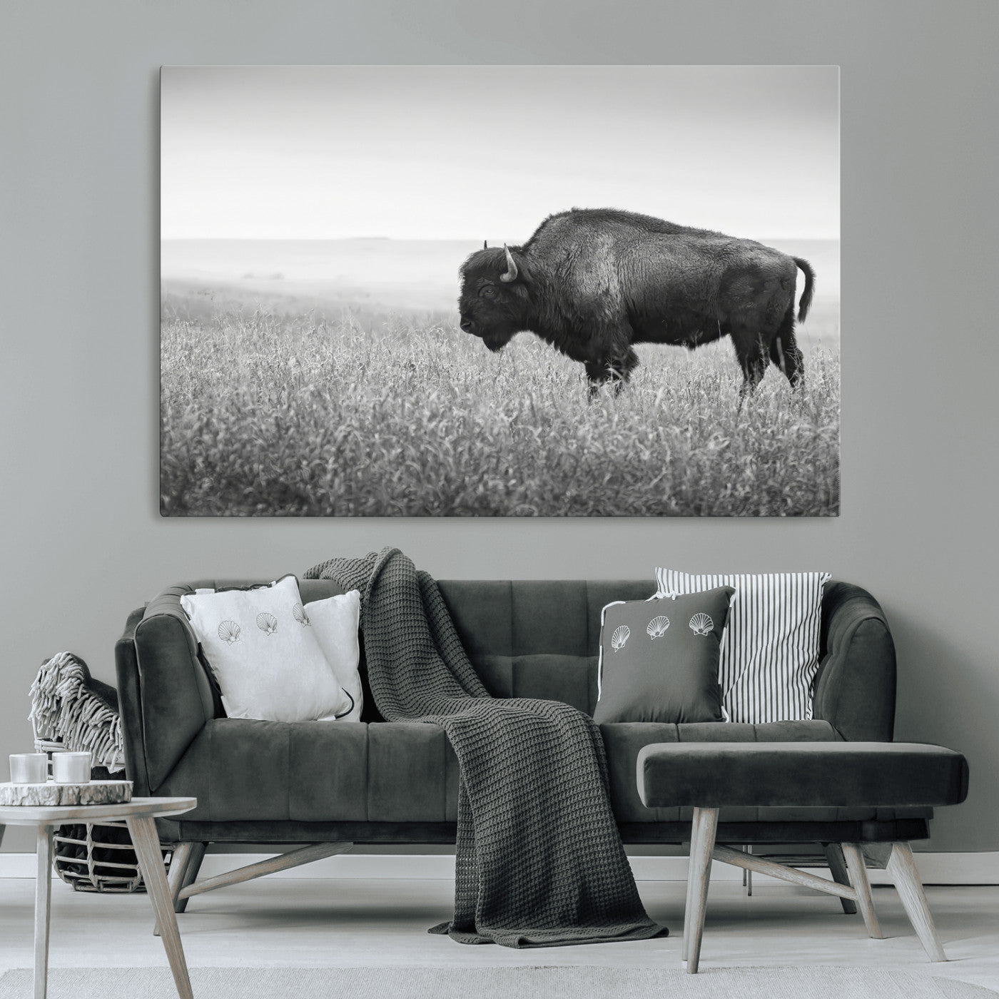 28435251-MGV-CV-36X24-Bison In Prairie Wall Art Canvas Print, Framed Rustic Wildlife Art Picture Print, Wild Buffalo Perfect Rustic Western Decor