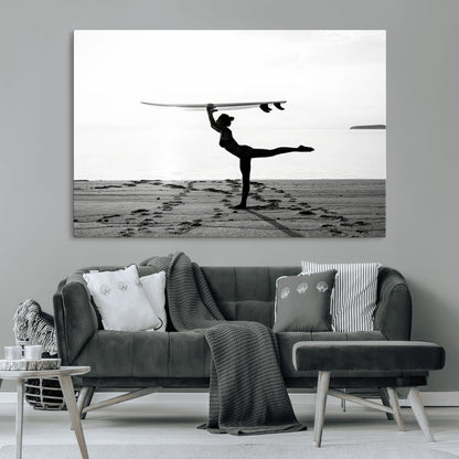 28441356-MGV-CV-36X24-Yoga Surf Wall Art Canvas Print, Framed Black White Shore Art Picture Print, Peaceful Ocean Perfect Minimalist Coastal Decor